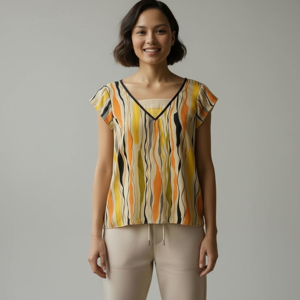 Lauren Moffatt Silk Blouse Retro Print Size Small
